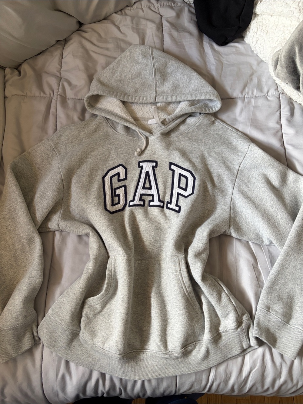 GAP Light Gray Hoodie with Navy Lettering